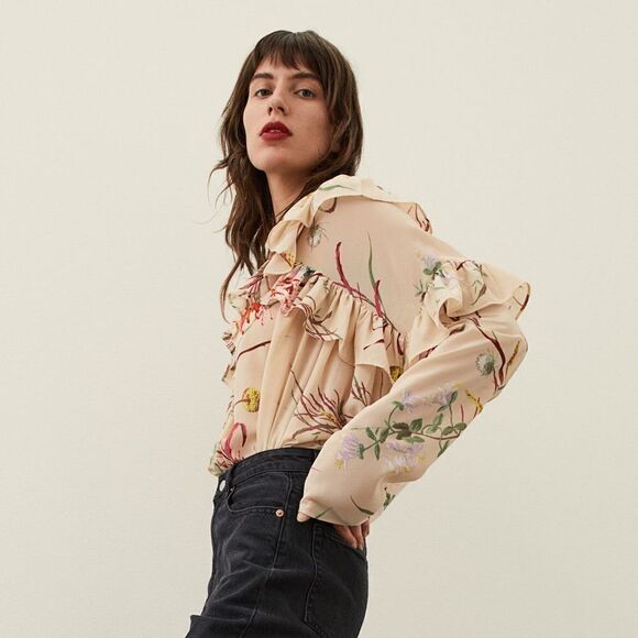 H&M Flounce-trimmed Voluminous Chiffon Blouse - Picture 4 of 9